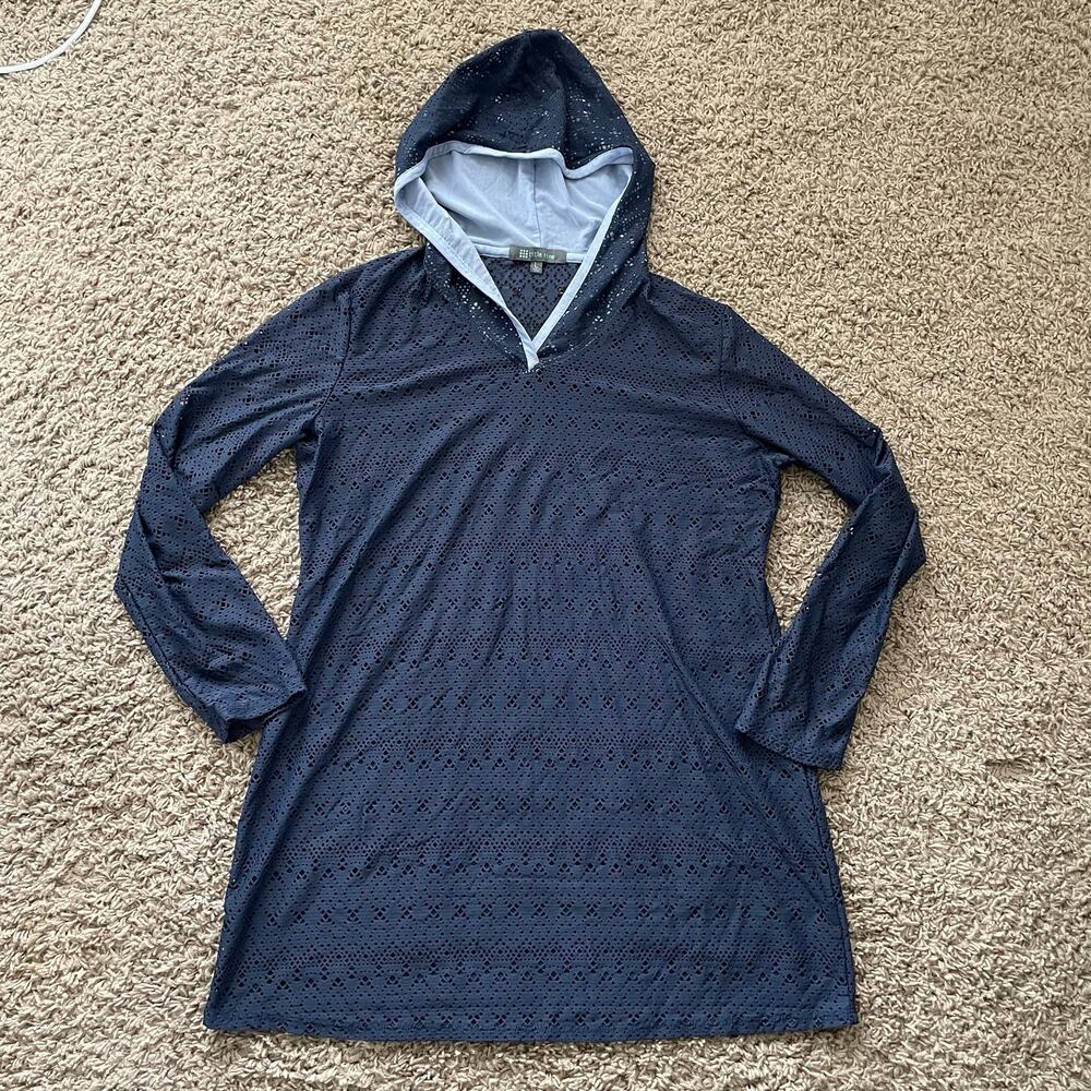 Title Nine Navy Laser Cut Hooded Swim Coverup Long Sleeve size L